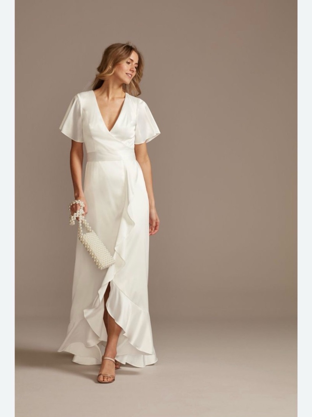 David’s Bridal White Satin Wrap Maxi Dress with Ruffle Detail